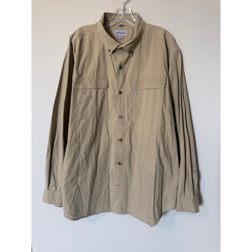 Carhartt Mens XL Relaxed Fit Long Sleeve Button Down Work Shirt Tan Khaki Pocket